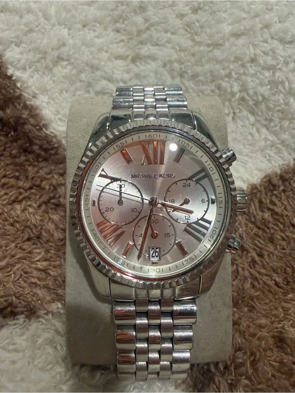 Michael Kors Silver Tone Stainless Steel Chronograph Watch with Rose Dial